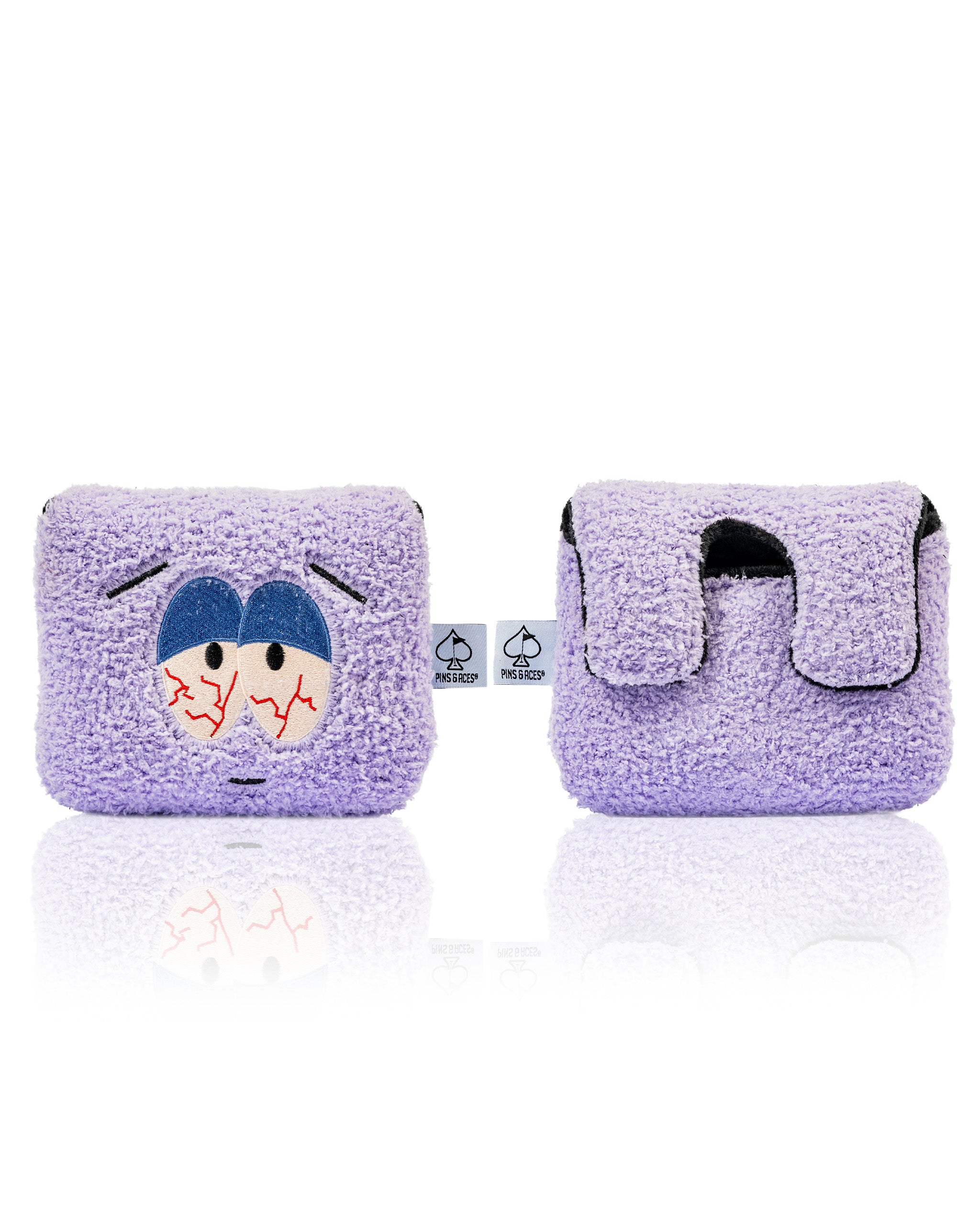 South Park Towelie center shaft mallet putter cover in purple with embroidered eyes and a textured finish for golf enthusiasts.