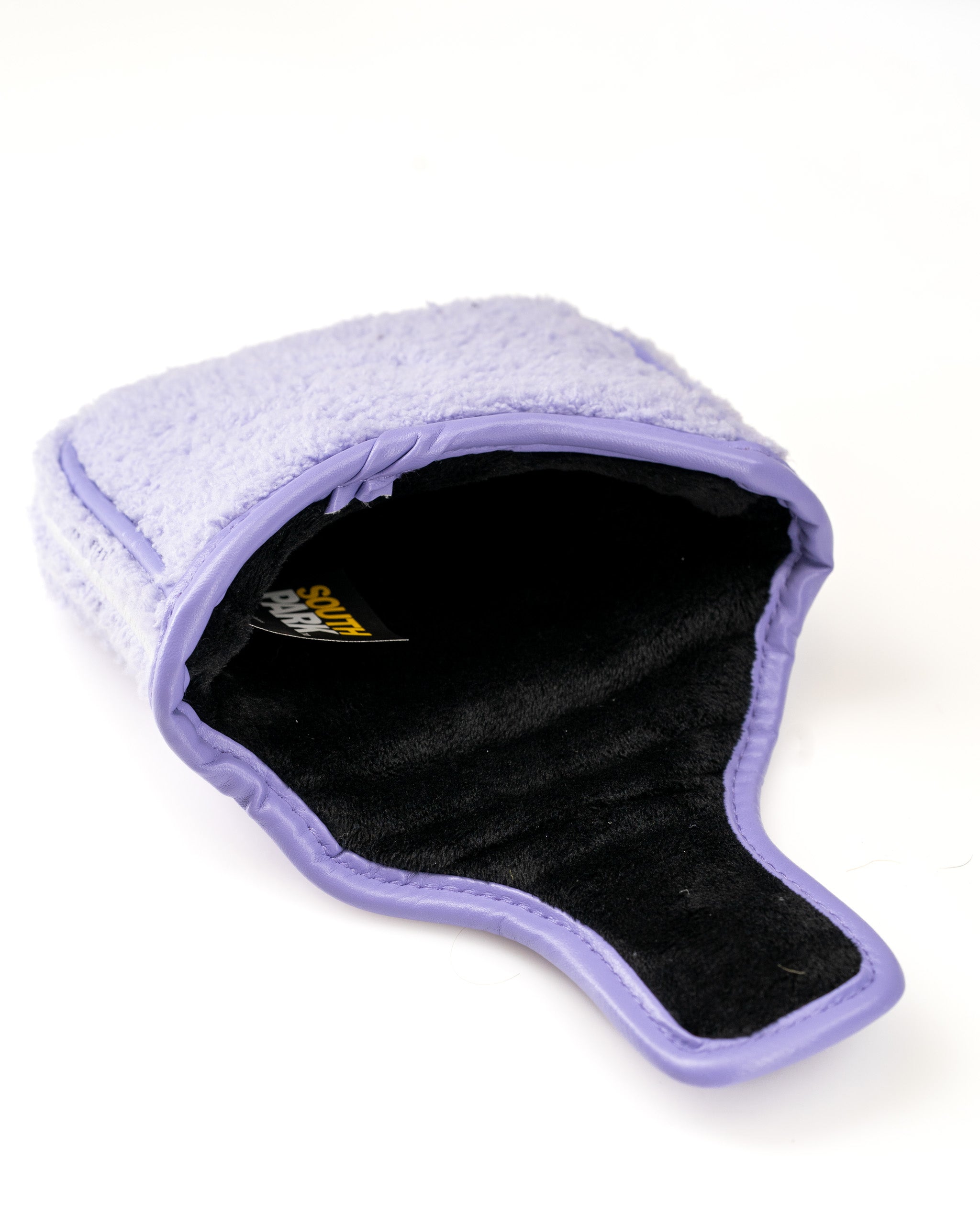 Purple towel-inspired mallet putter cover featuring a soft interior, designed for fans of South Park. Perfect for golfers seeking unique accessories.