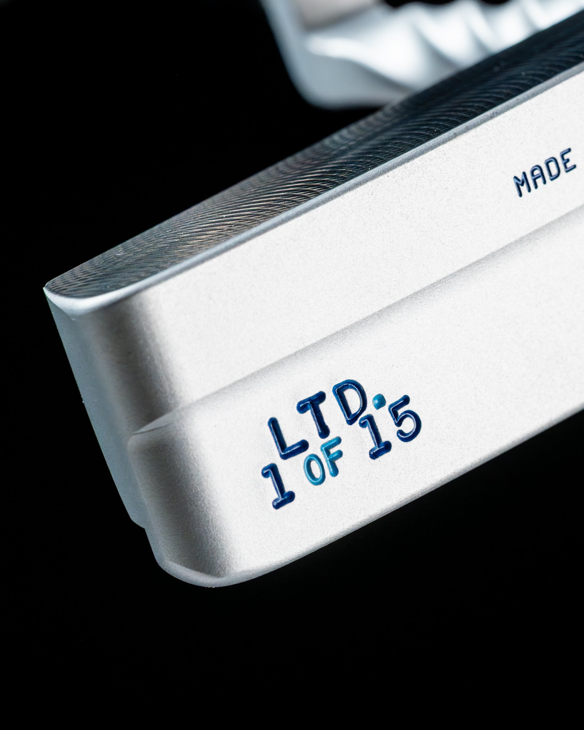 Close-up of the Edel Twister Putter showcasing the limited edition engraving, highlighting its uniqueness and craftsmanship.