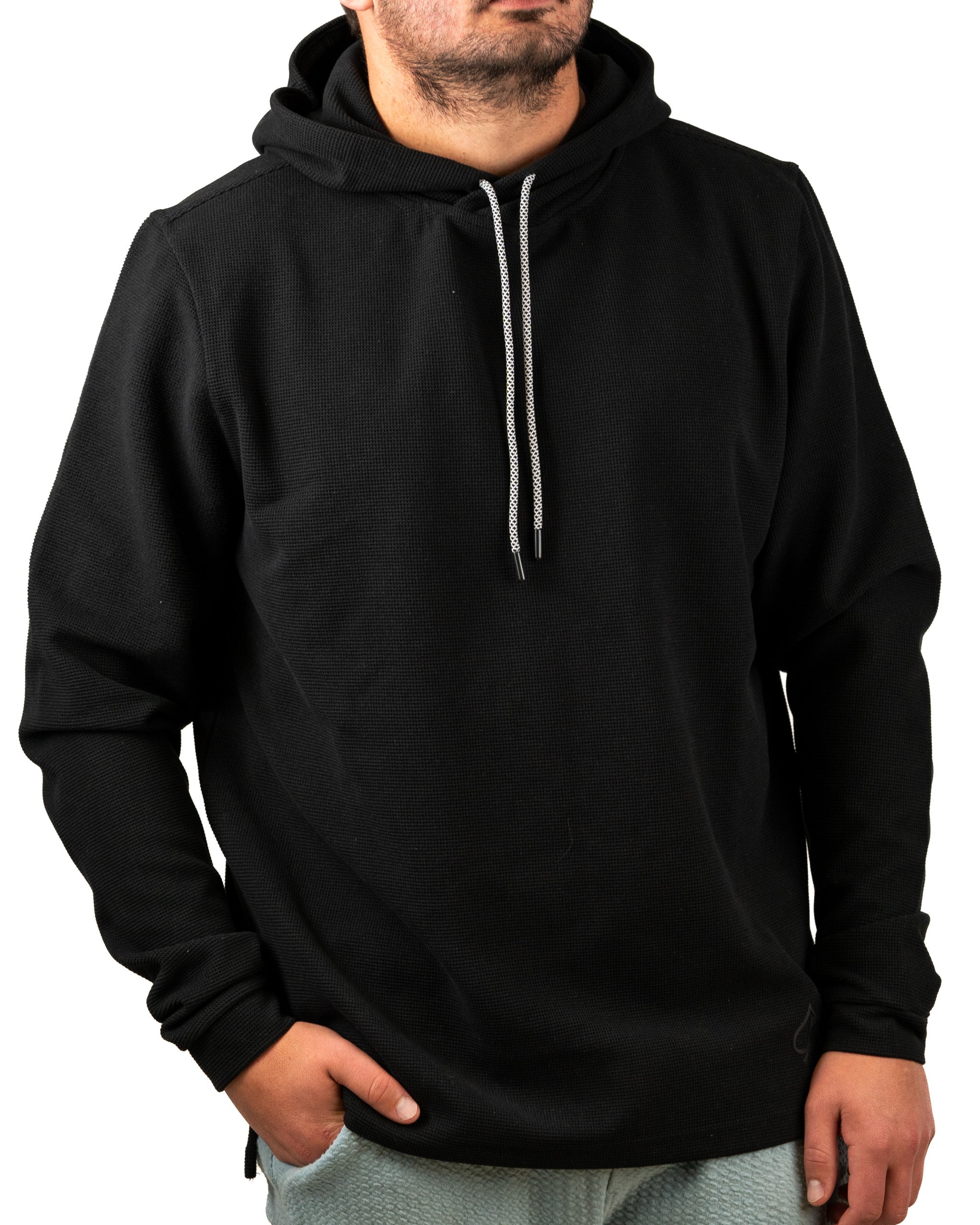 Men's Player Preferred Waffle Grid Hoodie in Obsidian, featuring a relaxed fit and adjustable drawstring hood.
