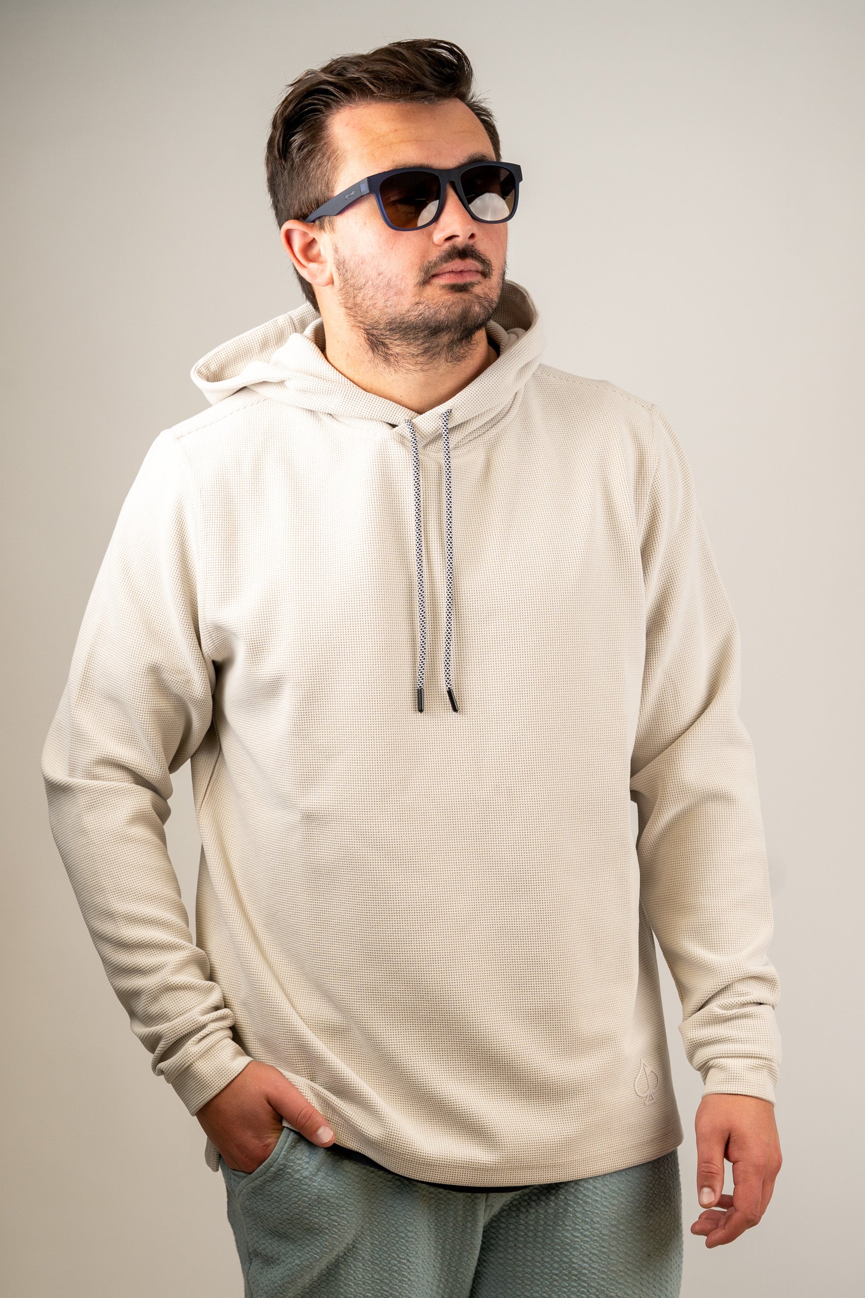 Men's Player Preferred Waffle Grid Hoodie in Dark Stone, featuring a relaxed fit and adjustable drawstring hood.
