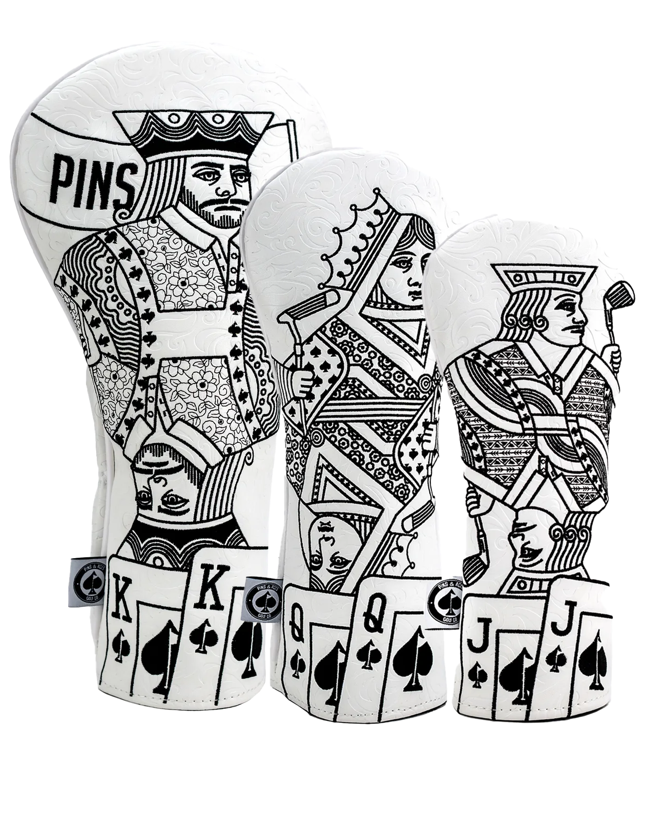 Bold white golf headcover set featuring royal flush card designs, including king, queen, and jack motifs.