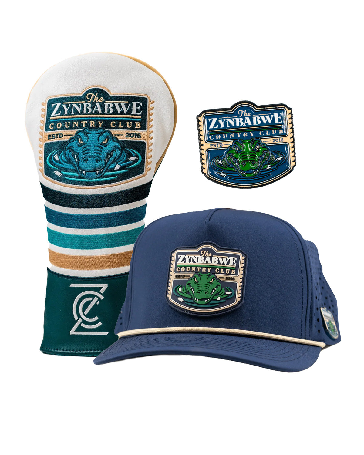 Zynbabwe Collection Bundle featuring a golf headcover, a patch, and a navy cap with a unique logo design.