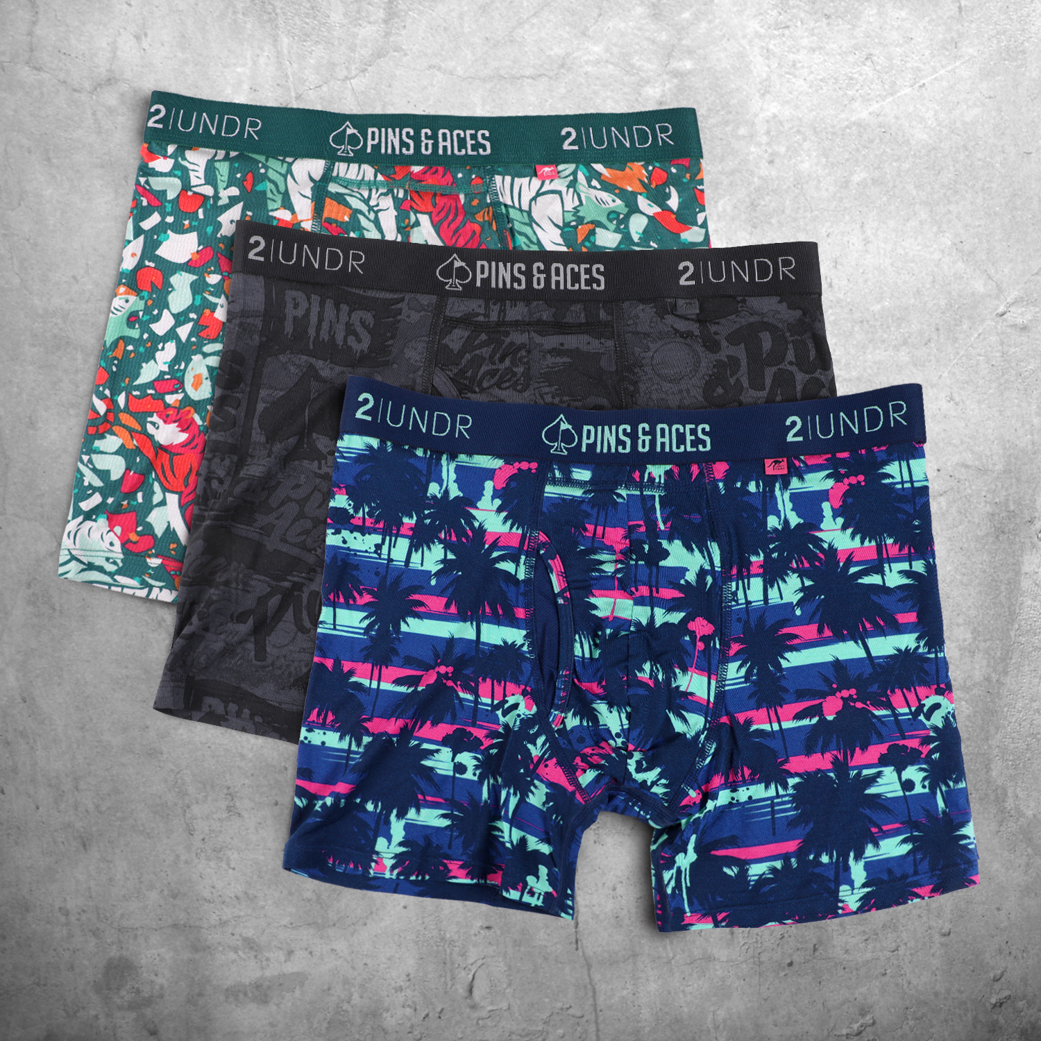 Colorful 2UNDR x P&A Swing Shift 6" box briefs in a three-pack featuring bold patterns and comfortable fit.