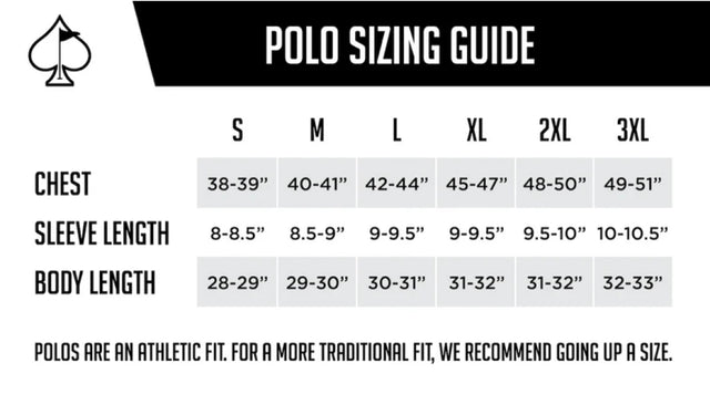 Bold golf polo size guide with black, white, and gray colors, featuring a spade logo; highlights athletic fit for standout...
