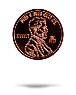 Pins & Aces Penny Ball Marker, featuring a gold coin design with a shiny finish, displayed against a white background.