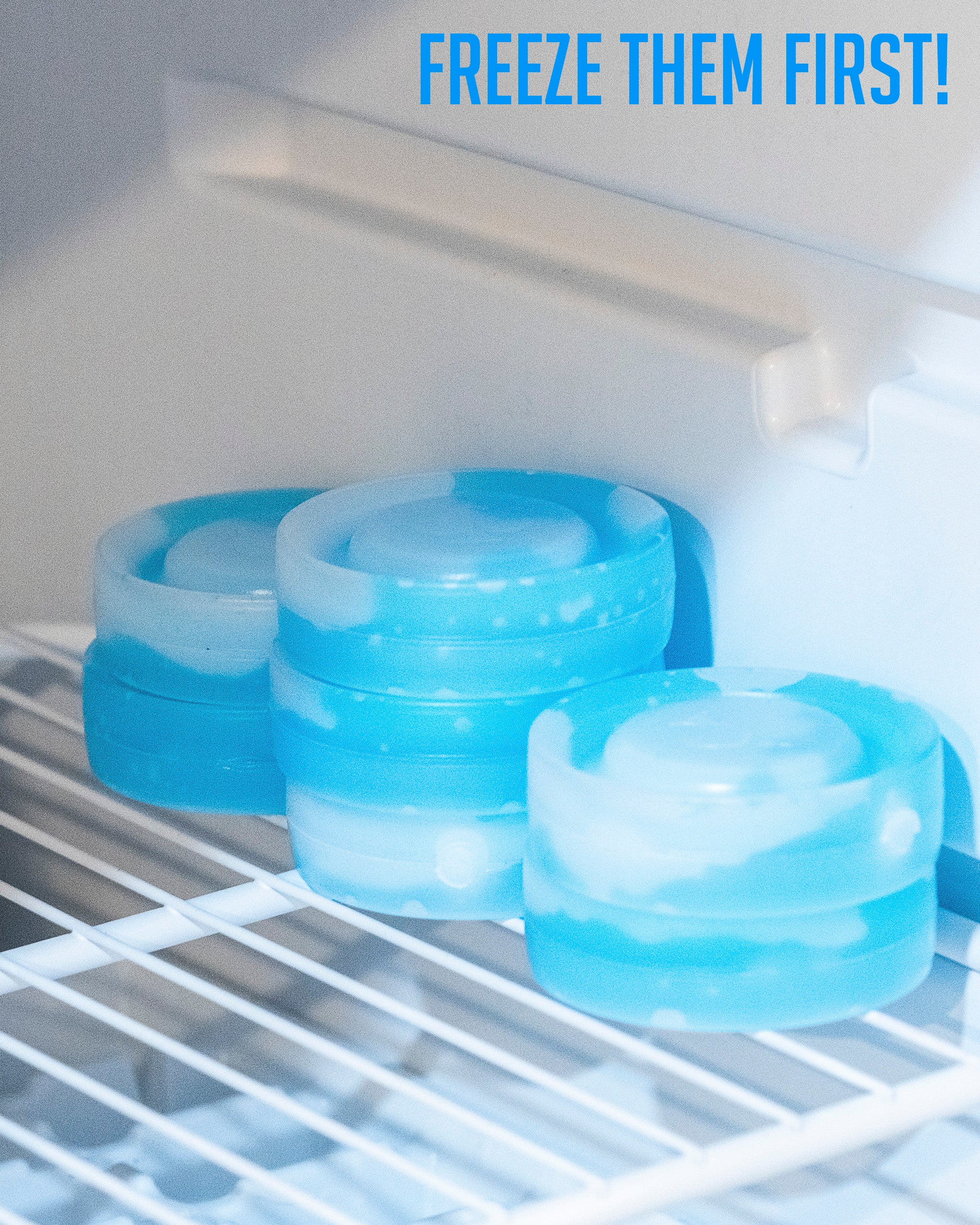 Blue beer sleeve ice pucks for cooling beverages, featuring a flexible design and compact size for easy use.