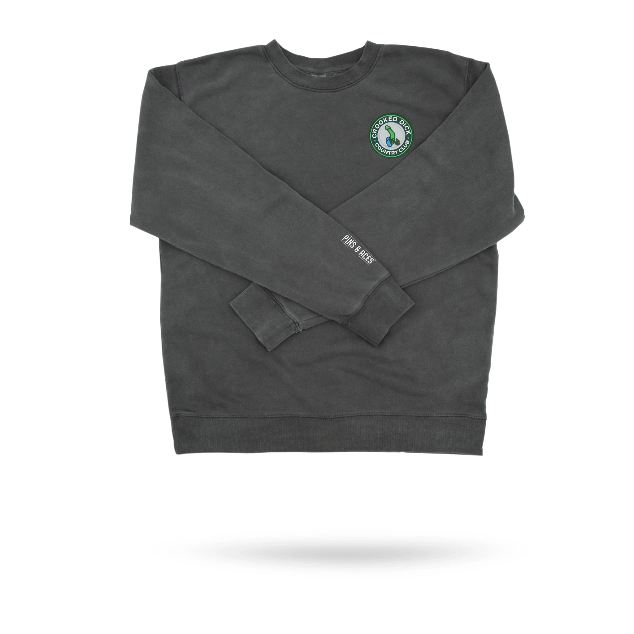 Dark gray crewneck sweatshirt with a green and white "Crooked Dick Country Club" logo on the chest.