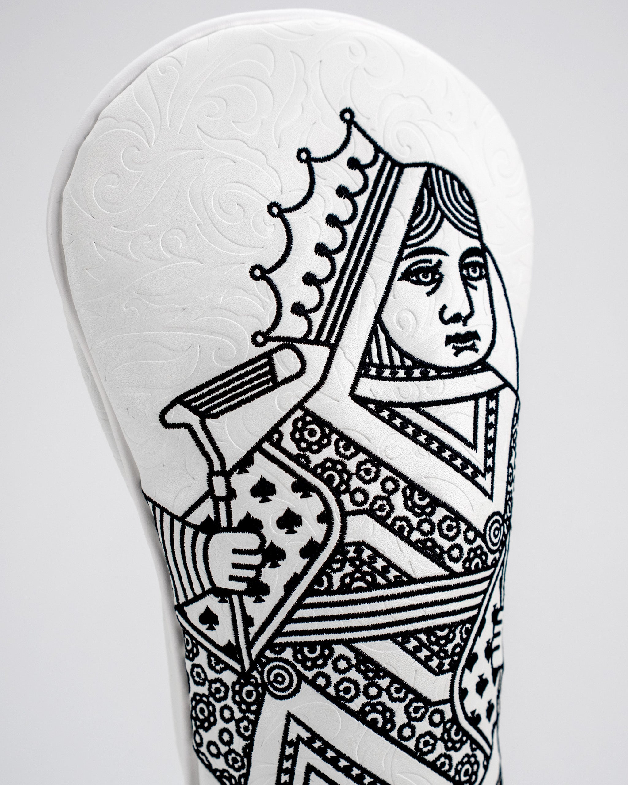 White Out Queen of Spades fairway cover, featuring a sleek design and premium material, ideal for protecting golf clubs.