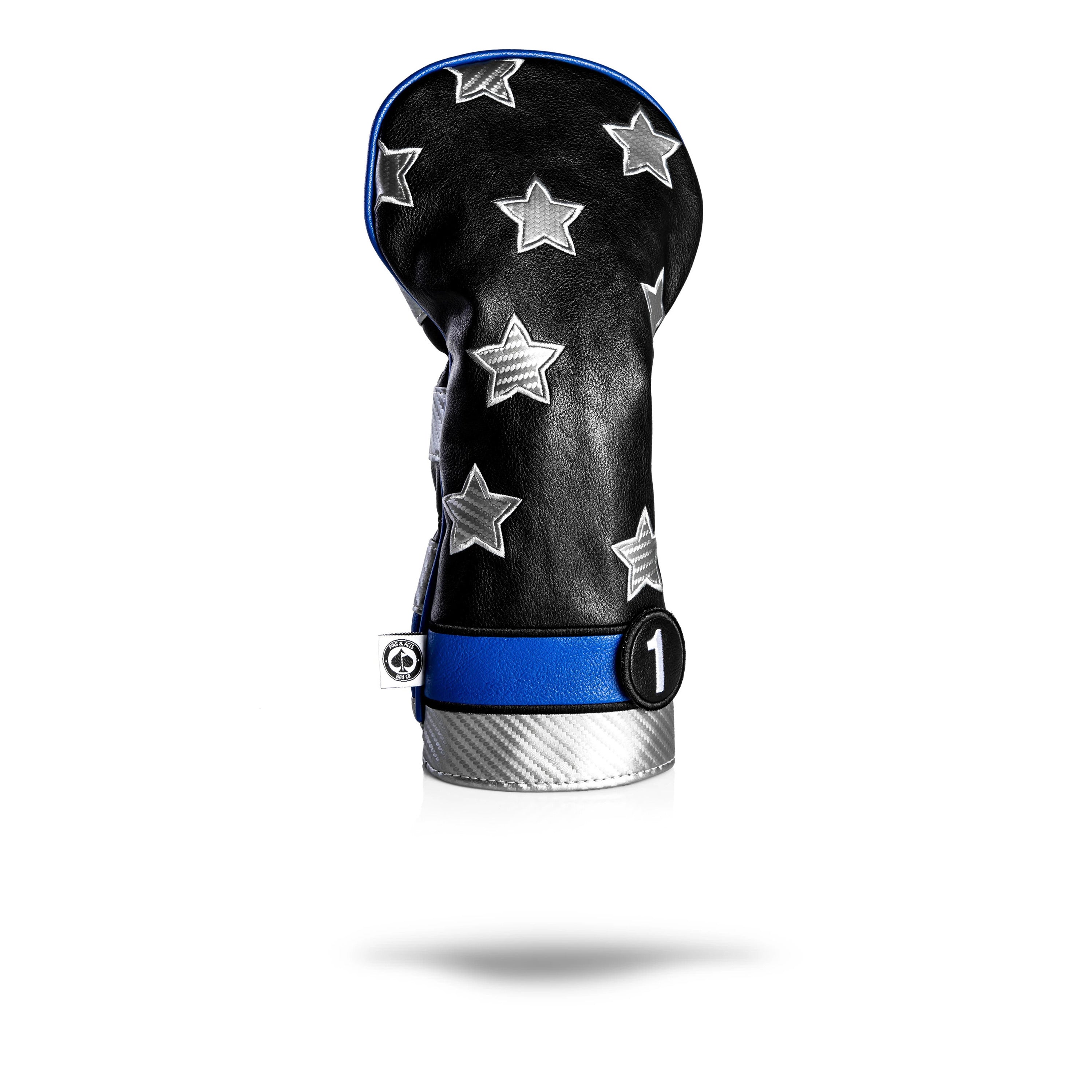 Black golf headcover with silver stars, blue and gray accents, and a bold number 1 patch for standout golf style.