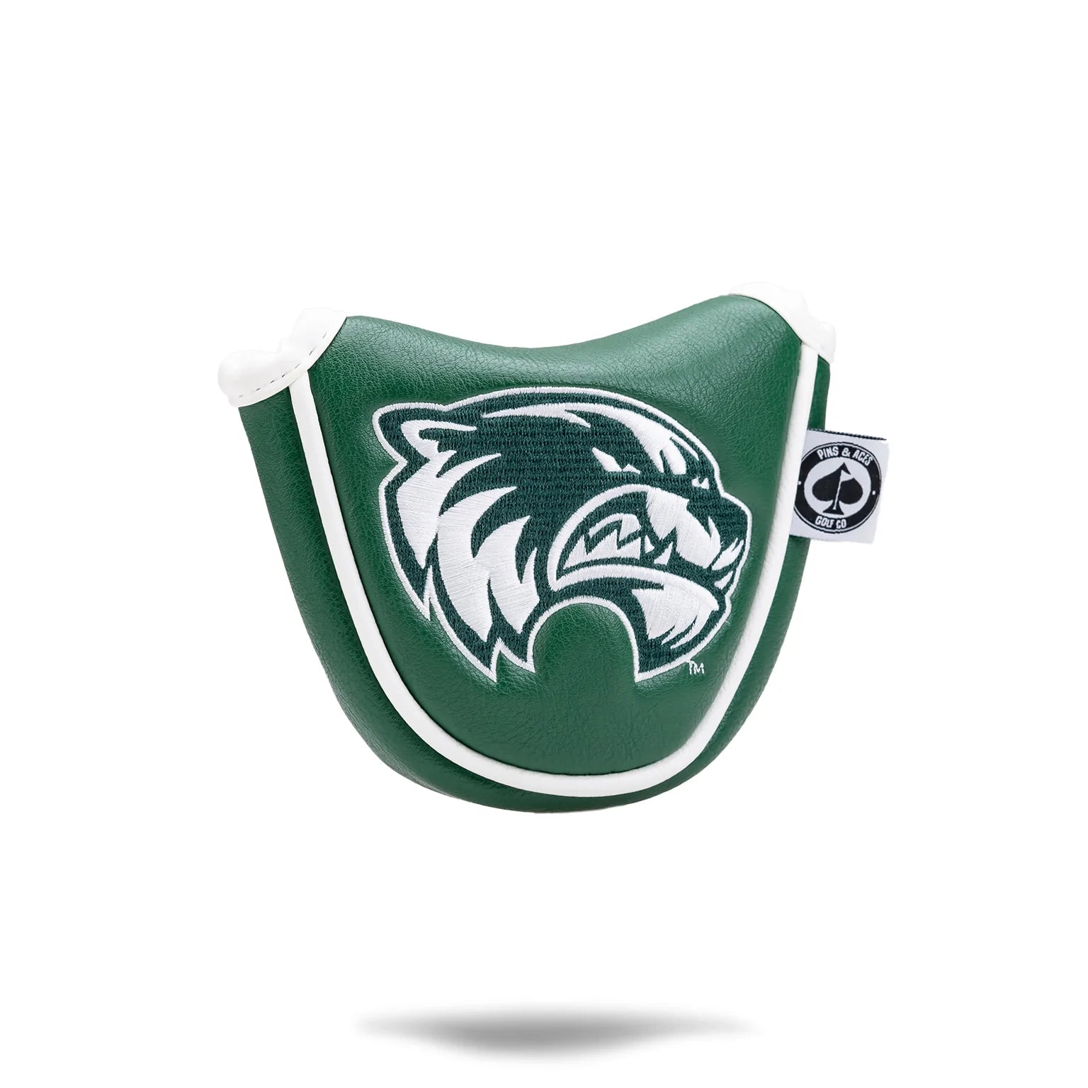 Green mallet putter cover featuring the Utah Valley University logo, designed for golf enthusiasts and fans.