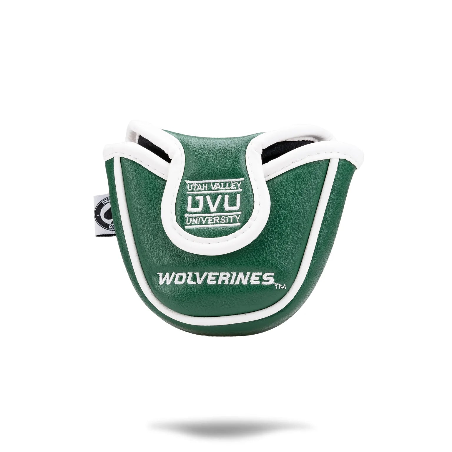 Green mallet putter cover featuring Utah Valley University logo and "Wolverines" text in white.